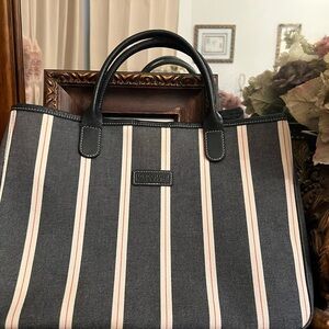 Longchamp Denim Canvas Tote with Cream and Red Stripes